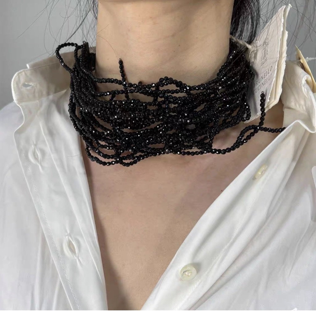 Nwt Brunello Cucinelli Beaded Black Spinel Multi Strands Leather Collar Necklace